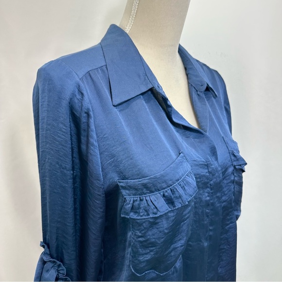MISA Silky Romantic Button Blouse Womens Medium 3/4 Sleeves Ruffle Blue Satin - Picture 9 of 9
